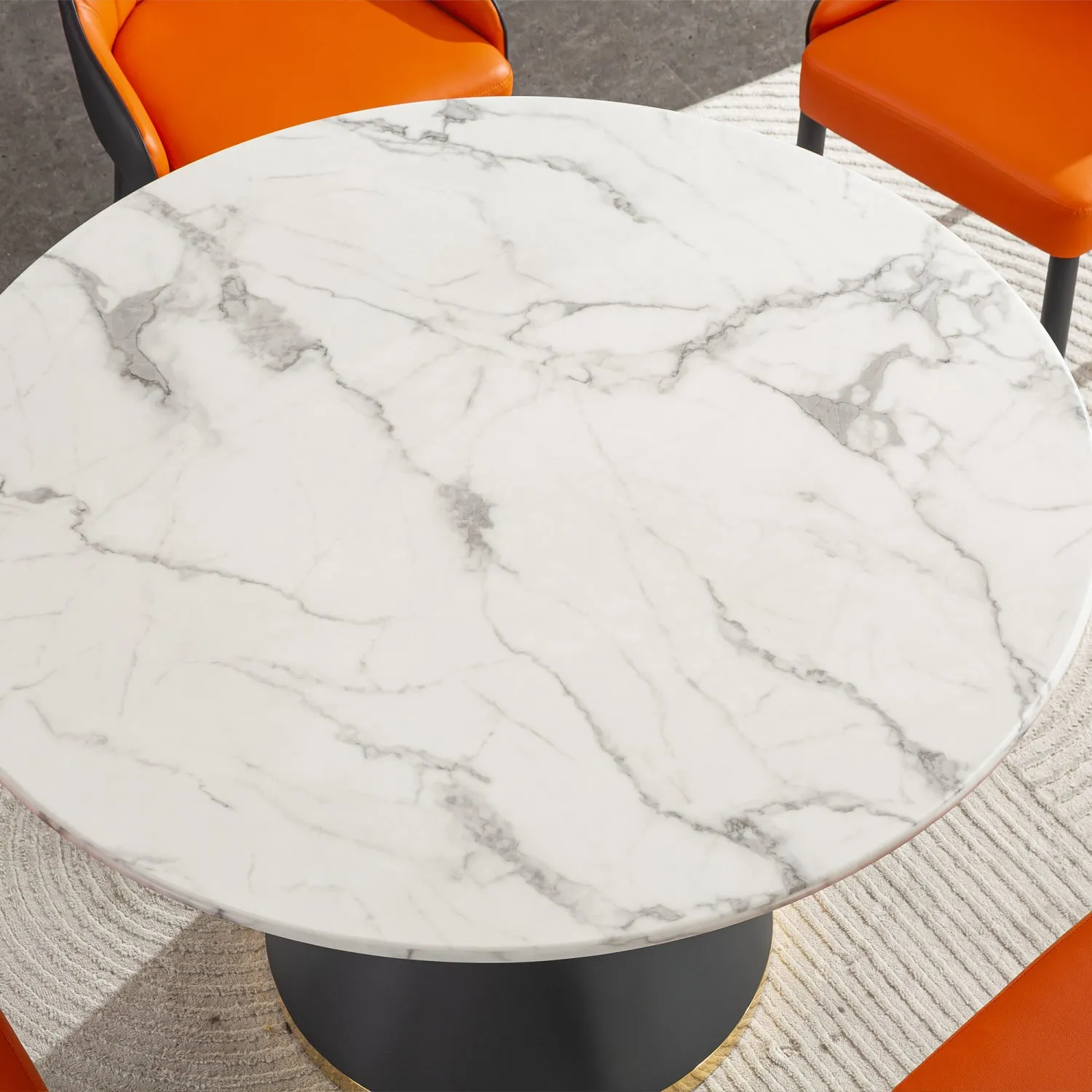 Streamdale White Marble Print Round Table, Black/Gold Base (No Chairs)