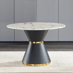 Streamdale White Marble Print Round Table, Black/Gold Base (No Chairs)