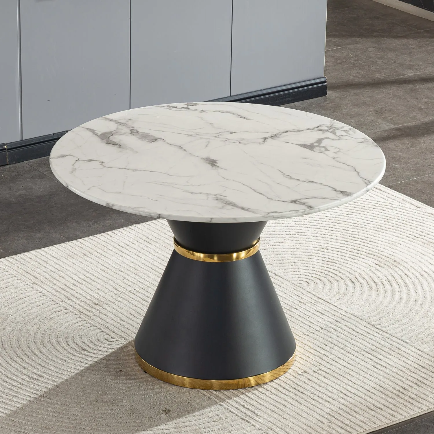 Streamdale White Marble Print Round Table, Black/Gold Base (No Chairs)