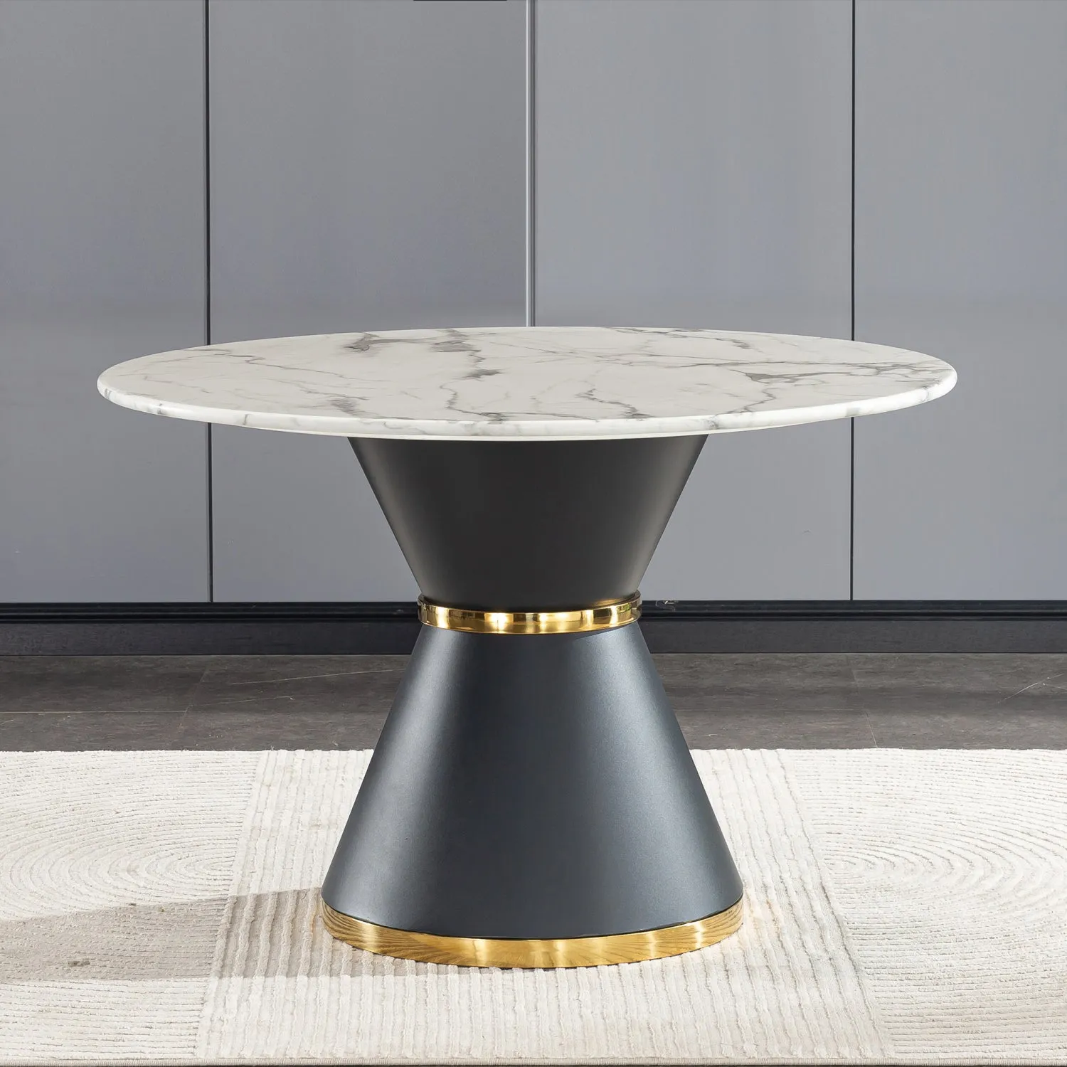 Streamdale White Marble Print Round Table, Black/Gold Base (No Chairs)
