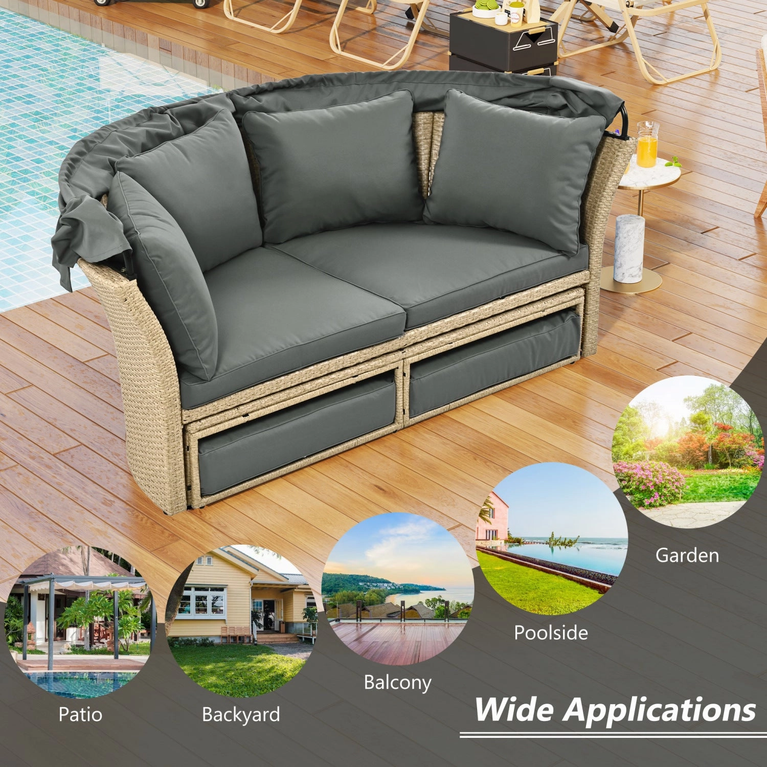 Streamdale Wicker Rattan Round Daybed with Canopy & Pillows