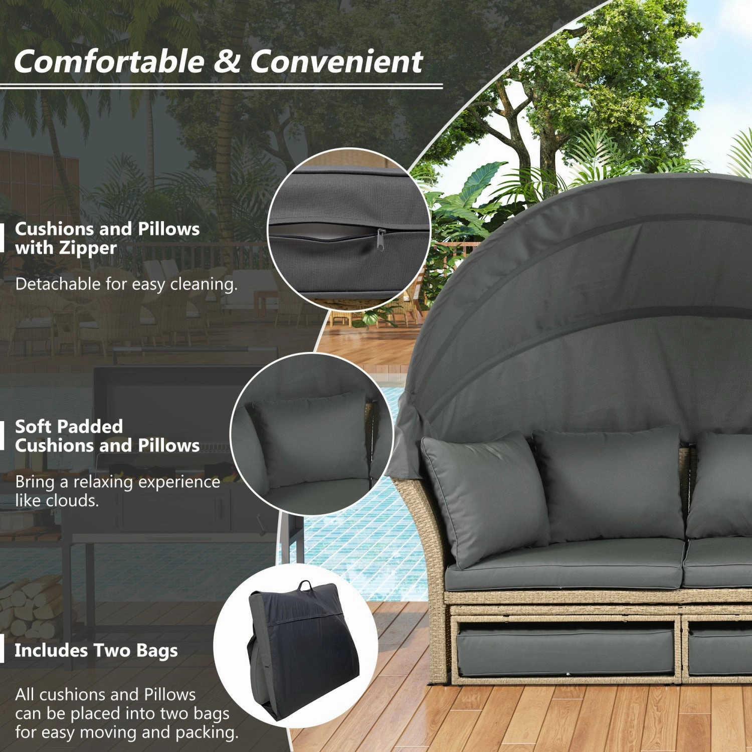 Streamdale Wicker Rattan Round Daybed with Canopy & Pillows