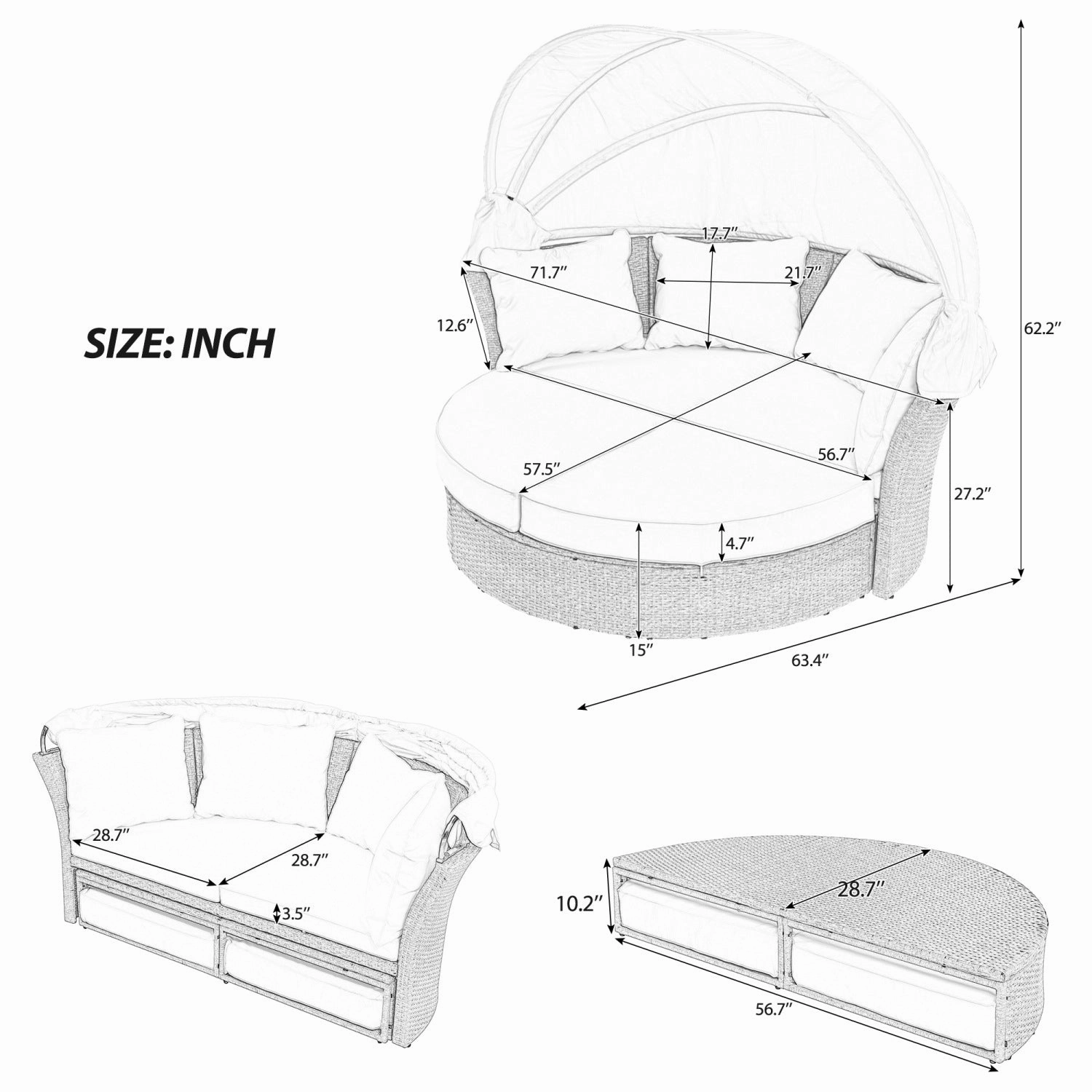 Streamdale Wicker Rattan Round Daybed with Canopy & Pillows