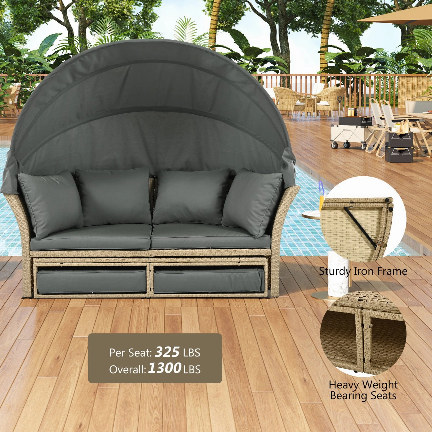 Streamdale Wicker Rattan Round Daybed with Canopy & Pillows